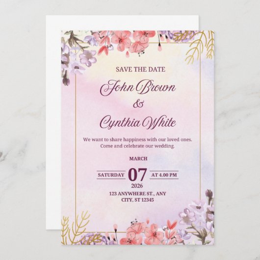 Elegante Bloemen Huwelijksuitnodiging Kaart (Voorkant / Achterkant)