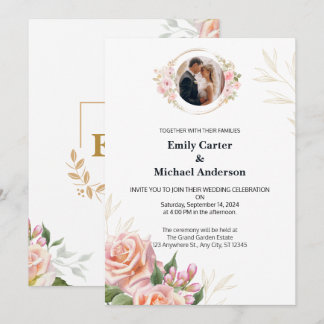 Elegante Bloemen Huwelijksuitnodiging met Gouden A Kaart