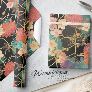 Elegante bloemen Koraal & Mint Pioenrozen op zwa Cadeaupapier