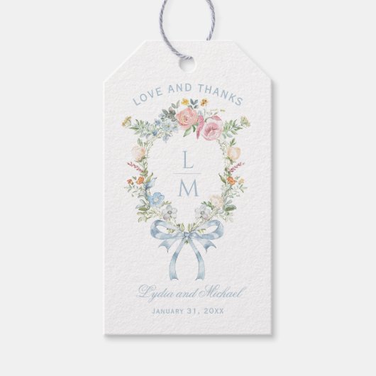 Elegante Bloemen Krans Crest Monogram Huwelijk Cadeaulabel (Voorkant)