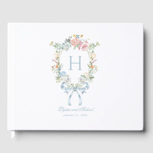 Elegante Bloemen Krans Crest Monogram Huwelijk Gastenboek