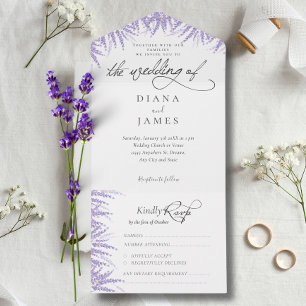 Elegante Bloemen Lavendel Kalligrafie Huwelijk All In One Uitnodiging