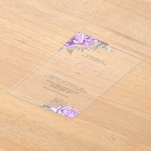 Elegante Bloemen Lila Zilveren Script Wedding Acryl Uitnodigingen (Laagn)
