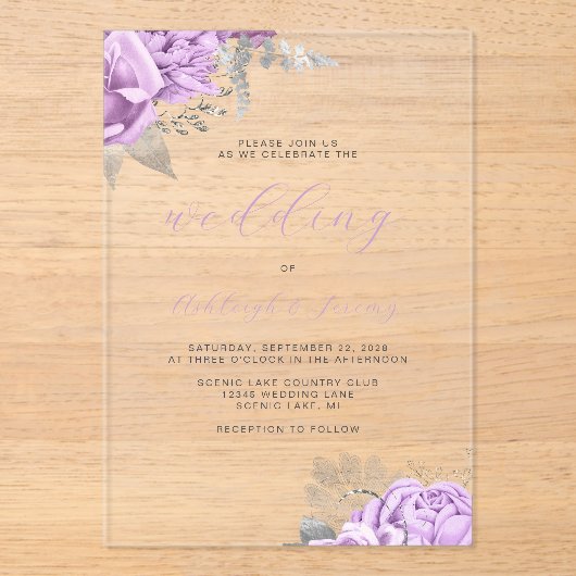 Elegante Bloemen Lila Zilveren Script Wedding Acryl Uitnodigingen (Voorkant)