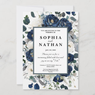 Elegante Bloemen Marine & Witte Huwelijk Kaart