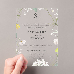 Elegante bloemen minimalistische Initialen bruilof Acryl Uitnodigingen