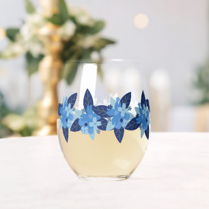 Elegante bloemen monochromatisch blauw ontwerp wijnglas zonder voet