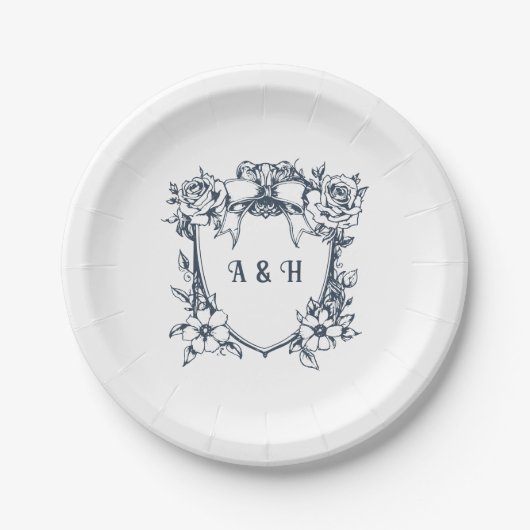 Elegante Bloemen & Monogram Crest Wedding Papieren Bordje (Voorkant)