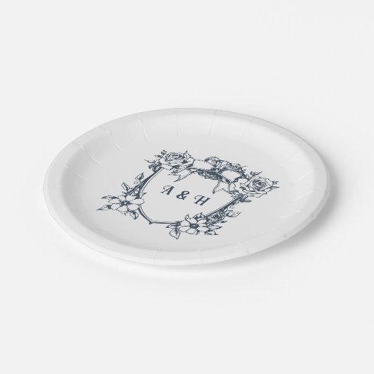 Elegante Bloemen & Monogram Crest Wedding Papieren Bordje (Gekanteld)