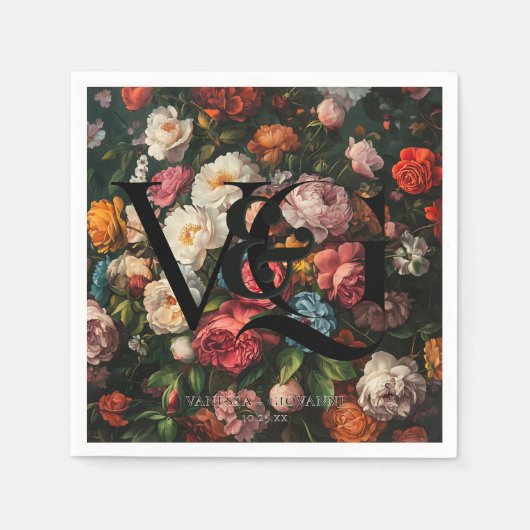Elegante Bloemen Monogram Trouwservetten Servet (Voorkant)