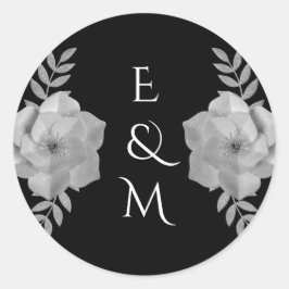 Elegante Bloemen Monogram Zilveren Glitter Huwelij Ronde Sticker