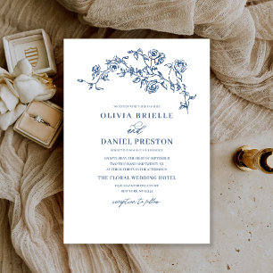 Elegante Bloemen  Navy Blue Botanische Huwelijk Kaart