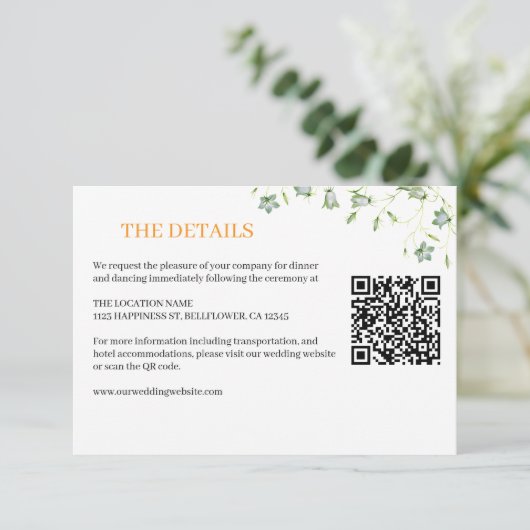 Elegante Bloemen Olijfgroen bruiloft Details Informatiekaartje (Staand voorkant)