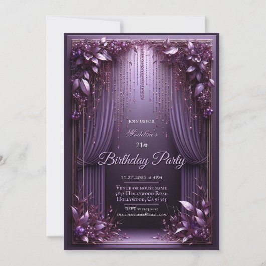 Elegante Bloemen Paarse Verjaardag Uitnodiging (Voorkant)