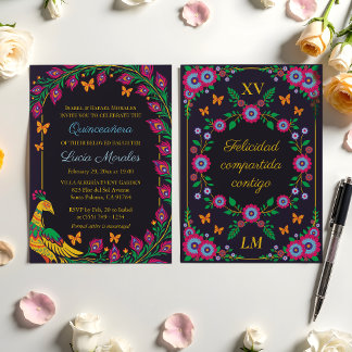 Elegante Bloemen Pauw Volkskunst Fiesta Quinceaner Kaart