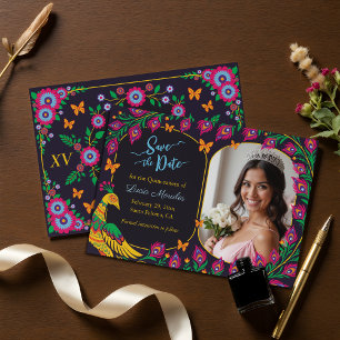 Elegante Bloemen Pauw Volkskunst Fiesta Quinceaner Save The Date