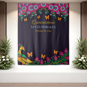 Elegante Bloemen Pauw Volkskunst Fiesta Quinceaner Wandkleed