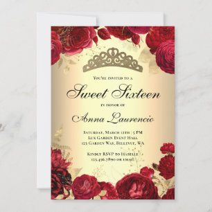 Elegante Bloemen Rood en Goud Thema Sweet Sixteen Kaart