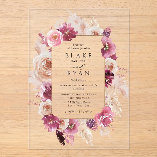 Elegante Bloemen Roze, Bourgogne, Champagne bruilo Acryl Uitnodigingen (Voorkant)