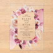 Elegante Bloemen Roze, Bourgondische Waterverf bru Acryl Uitnodigingen (Voorkant)