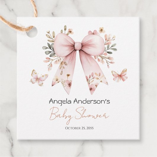 Elegante Bloemen Roze Bow Meisje Baby shower Bedankjes Labels (Voorkant)