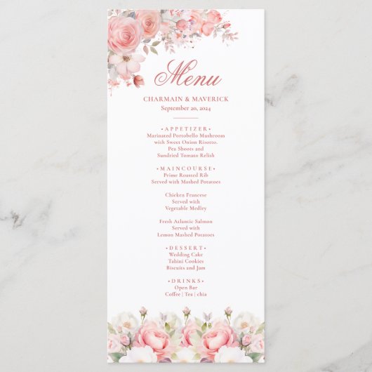 Elegante bloemen roze bruiloft menu (Voorkant)