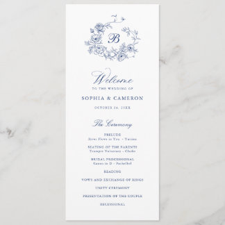 Elegante Bloemen Rozen Krans Blauw Monogram Huweli Programma