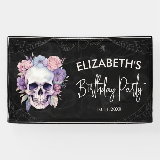 Elegante Bloemen & Schedel Halloween Verjaardagsfe Spandoek (Horizontaal)