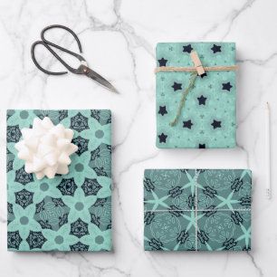 Elegante Bloemen & Sterrenpatronen in Mint Tones Inpakpapier Vel