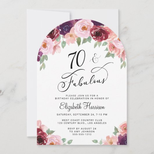 Elegante Bloemen Waterverf 70ste Verjaardag Party Kaart (Voorkant)