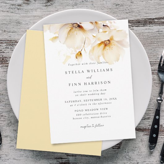 Elegante Bloemen Wit Geel Goud Bruiloft Kaart