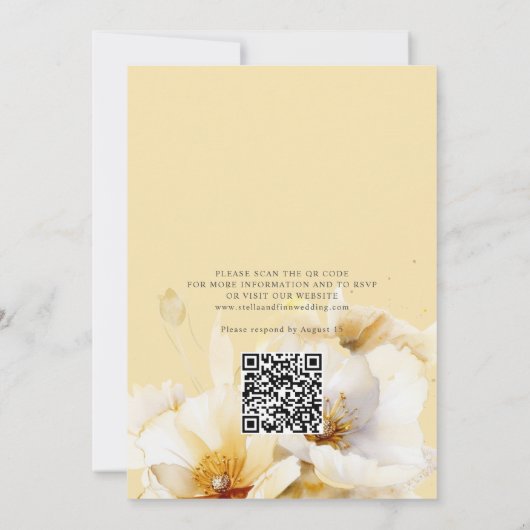 Elegante Bloemen Wit Geel Goud QR Code Huwelijk Kaart (Achterkant)