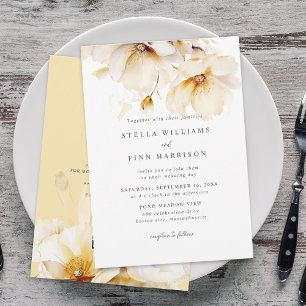 Elegante Bloemen Wit Geel Goud QR Code Trouwen Kaart