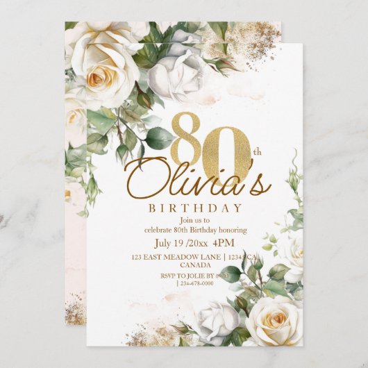 Elegante Bloemen Witte Rozen & Goud 80ste Verjaard Kaart (Voorkant / Achterkant)