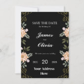 Elegante Bloemen Zwart en Goud Huwelijksuitnodigin Kaart (Voorkant)