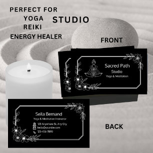 Elegante Bloemen Zwart-Wit Yoga Studio Visitekaartje