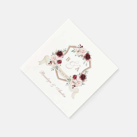 Elegante bloemenblush bordeaux crest bruiloft servet (Hoek)