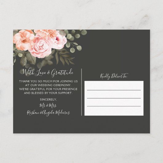 Elegante bloemenblush bruiloft dank u Briefkaart (Achterkant)