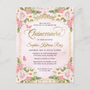 Elegante bloemenblush roze goud tiara quinceañera briefkaart