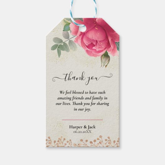 Elegante bloemenblush roze gouden Rozen bruiloft Cadeaulabel (Voorkant)