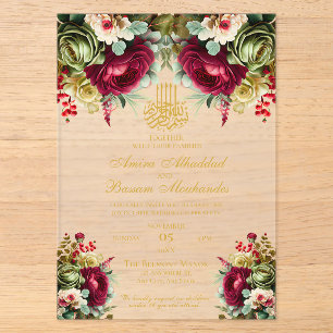 Elegante bloemenbordeaux rode rozen islamitische b acryl uitnodigingen