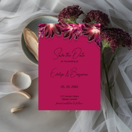 Elegante bloemenbordeaux save the date