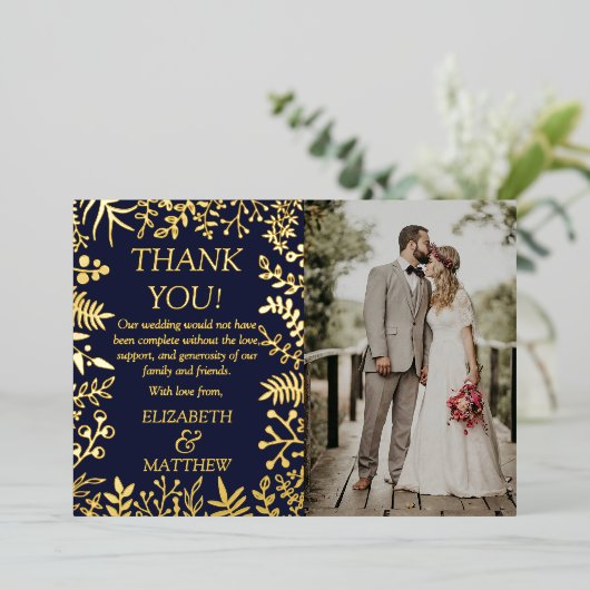 Elegante bloemenbruiloft foto dank u echte folie uitnodiging (Staand Voorkant)