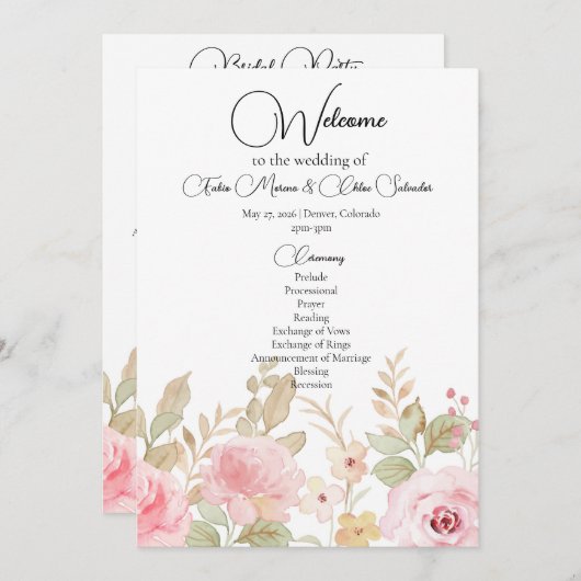 Elegante bloemenbruiloft gepersonaliseerde bruilof programma (Voorkant / Achterkant)