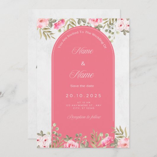 Elegante bloemenbruiloft uitnodiging_roze boog ont kaart (Voorkant / Achterkant)