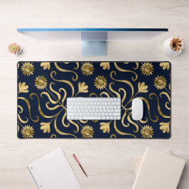 Elegante Bloemendamask Navyblauw & Gouden Zonneblo Bureaumat