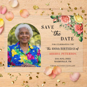 Elegante bloemenfoto 100e verjaardag Save the Date Acryl Uitnodigingen