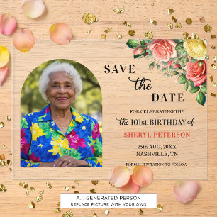 Elegante bloemenfoto 101e verjaardag Save the Date Acryl Uitnodigingen