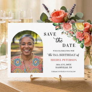 Elegante bloemenfoto 75ste verjaardagsfeestje save the date