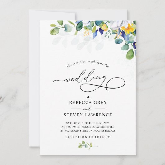 Elegante bloemengele blauwe witte bruiloft kaart (Voorkant)